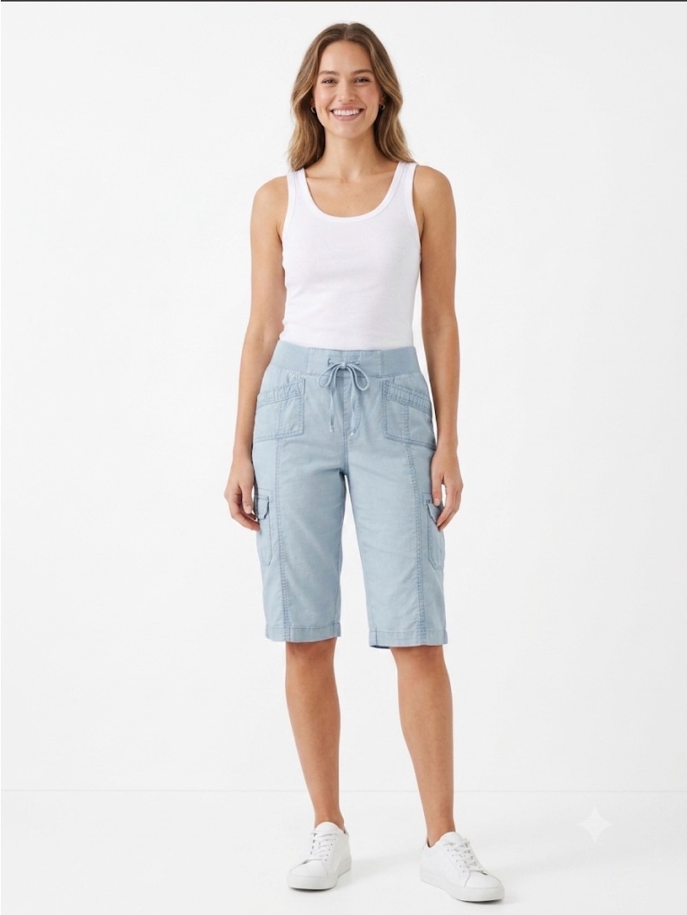 One One Light Blue Cargo Bermuda Shorts Drawstring Cotton Blend Size Medium